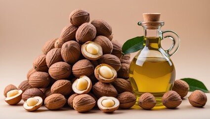 Poster - Aesthetic arrangement of macadamia nuts and a glass bottle of oil on a soft pastel background with warm brown and green accents.