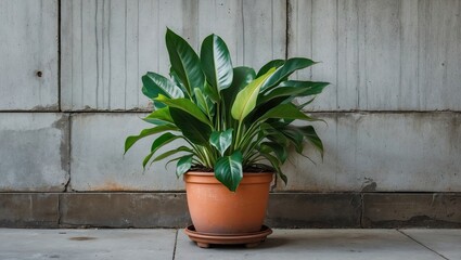 Poster - Dieffenbachia plant in a terracotta pot on the floor beside a textured concrete wall featuring deep green leaves and earthy tones.