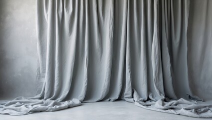 Aufkleber - Light gray draped canvas backdrop softly cascading onto a floor, ideal for portraits and product photography, minimalistic empty space for design.