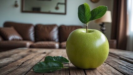 Poster - Green apple with two leaves placed on rustic wooden table in a cozy living room featuring a brown leather sofa and warm lighting ambiance.