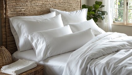 Poster - Lush white bed linens and pillows arranged neatly on a cozy bed with a natural woven headboard and a touch of greenery in soft morning light