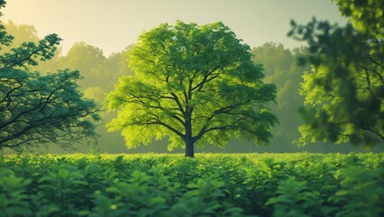 Poster - Lush green tree stands majestically in a vibrant field, illuminated by soft sunlight, with a blurred forest backdrop creating a serene atmosphere.