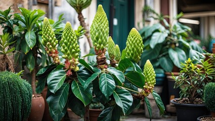 Aufkleber - Lush green Ficus plants with vibrant large leaves and unique cone-shaped buds arranged in various pots, set in a bright outdoor garden space.