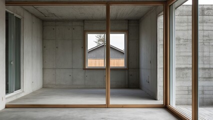 Aufkleber - Modern empty room with wooden window frame showcasing minimalistic design against gray concrete walls, creating a spacious and airy atmosphere.