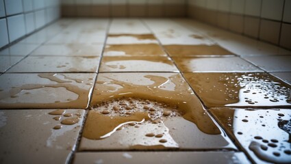 Aufkleber - Dried brown water stains on light colored bathroom tile floor with textured surface in a spacious, well-lit setting.