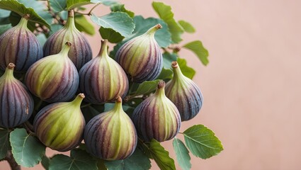 Aufkleber - Freshly harvested green figs on a tree branch against a soft pastel pink background, showcasing rich textures and vibrant green leaves.