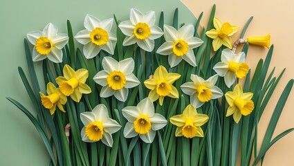 Aufkleber - Vibrant yellow daffodils blooming among lush green grass on a soft pastel green and orange background creating a cheerful spring atmosphere