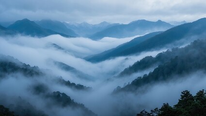Aufkleber - Misty blue mountain landscape with layers of fog enveloping the valleys and peaks creating a serene atmosphere in cool tones of blue and gray