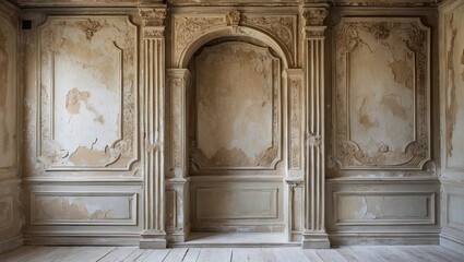 Fototapete - Aged plaster wall interior showcasing intricate moldings in soft beige and faded cream tones, highlighting architectural details and texture.
