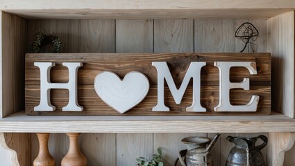 Aufkleber - Home decor wooden shelf displaying a large rustic sign reading HOME with a heart symbol in white against a warm brown background, cozy atmosphere.