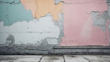 Fototapete - Grunge pastel background featuring a textured white and grey cement wall with patches of peach, mint green, and pale pink in lower positions.