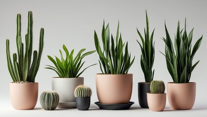 Poster - Elegant arrangement of cactus and snake plants in pastel and darker pots on a light grey background, showcasing a modern botanical aesthetic.