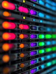 Fototapete - Cybernetic Spectrum Immersive Data Center Design with Vibrant LED Indicators - Next-Gen Digital Infrastructure Visualization for Tech Innovation and Cloud Computing Insights