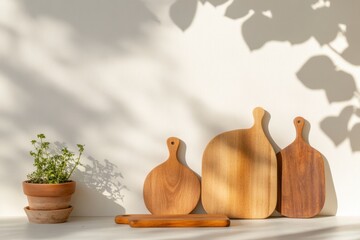 Leinwandbilder - Scandinavian Minimalist Kitchen Accessories Artisan Wooden Cutting Boards with Herb Styling - Sustainable Home Decor Trend for Mindful Living Spaces