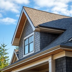 Aufkleber - Close-up of a charming home exterior showcasing textured gray shingles, a window, and contrasting roof with blue sky and clouds.