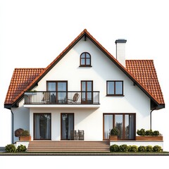 Aufkleber - Elegant Two-Story Home with Red Tile Roof and Balcony, Accented by Lush Greenery and Modern Design Features.