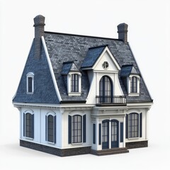 Aufkleber - Elegant White Home: A Detailed Architectural Rendering with Blue Shutters and Slate Roof, Chimneys