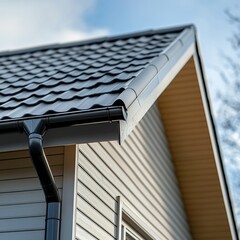 Aufkleber - Exterior Close-up: Gray House Siding, Black Roof Tiles, and Seamless Gutters, showcasing modern residential construction.