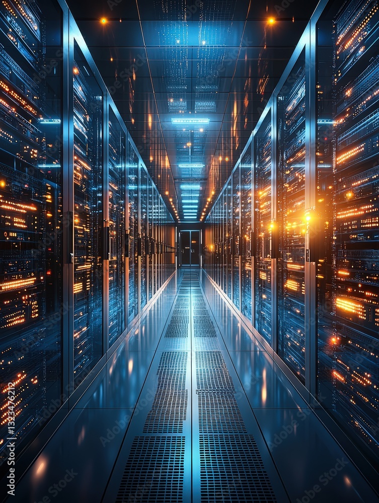 High-tech server room filled with rack-mounted servers and complex ...