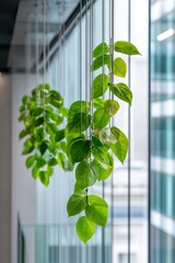 Aufkleber - Sustainable Corporate Wellness Elegant Hanging Greenery in Modern Glass Office - Biophilic Design Transforming Workspace Environments for Employee Productivity and Mental Clarity