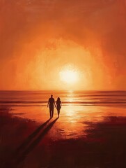 Poster - Romantic couple walking hand in hand on a beach during a vibrant sunset filled with orange and pink hues