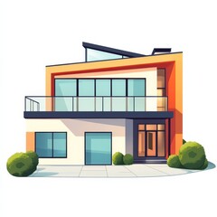 Aufkleber - Modern Architectural Rendering: Two-Story Home with Balcony, Flat Roof, Geometric Design, and Landscaped Bushes.