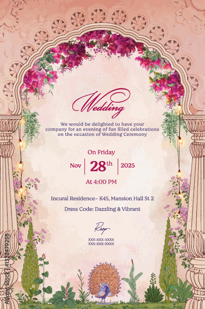Mughal wedding invitation card design with an ornate arch ...