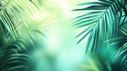 Poster - Tropical backdrop with blurred palm leaves creating a fresh and adventurous vibe in vibrant green and teal tones