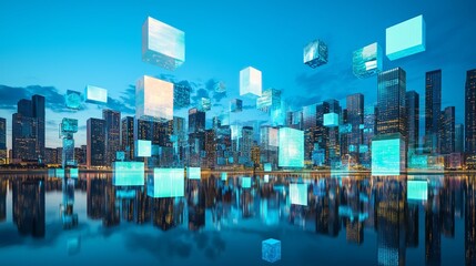 Poster - A hyper-modern city skyline with floating holograms and neon lighting