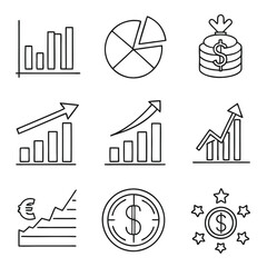 Leinwandbilder - Vector illustration depicting various financial icons including graphs, pie charts, and currency symbols for business and economic analysis
