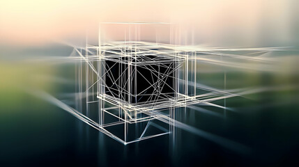 A three dimensional black cube within a white wireframe structure