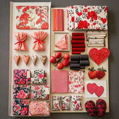 Poster - An above View of Interior Design of Valentines Day fabric swatches and decor that is colorful and whimsical.