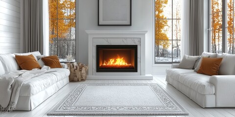 Poster - Autumn, electric fireplace, window, in the living room of a modern white home with minimalist decor and wall art.