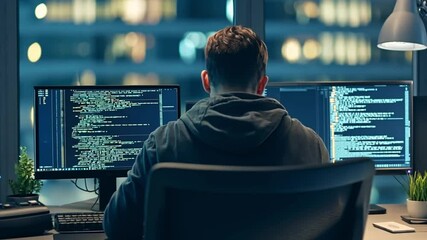 Tech Wizardry: A coder is deeply engrossed in his work, illuminated by the soft glow of multiple monitors displaying complex code in a contemporary setting.