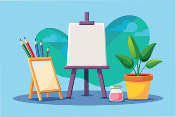 Aufkleber - Colorful art supplies arranged near an easel with a blank canvas ready for creativity in a bright blue studio space