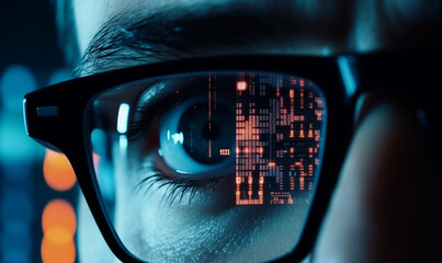 Computer screen reflected in the glasses of an IT specialist, generated ai
