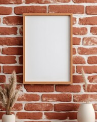 Aufkleber - Urban Industrial Mockup Minimalist Wooden Frame on Terracotta Brick Wall - Contemporary Design Showcase for Creative Professionals and Digital Branding