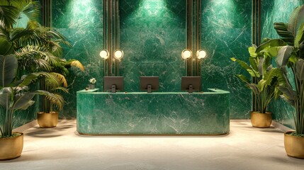 Poster - A luxury hotel front desk is made of emerald green marble and glass, surrounded by three vertical columns with brass details, creating an elegant atmosphere.