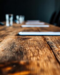 Poster - Rustic Corporate Innovation Textured Wooden Conference Table with Strategic Planning Documents - Modern Workspace Design for Collaborative Productivity