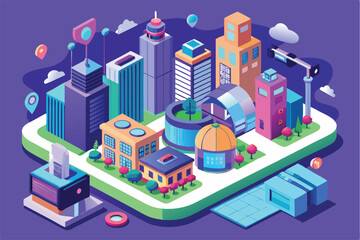 Poster - Urban landscape illustration featuring modern buildings, roads, trees, and various colorful structures in a vibrant city environment