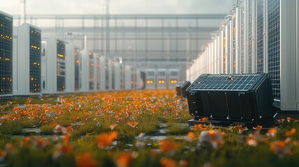 Poster - Data-driven production of wind turbines and solar panels, AI-operated factories optimizing electricity storage, 3D-printed turbine components, robotic arms assembling solar panels.