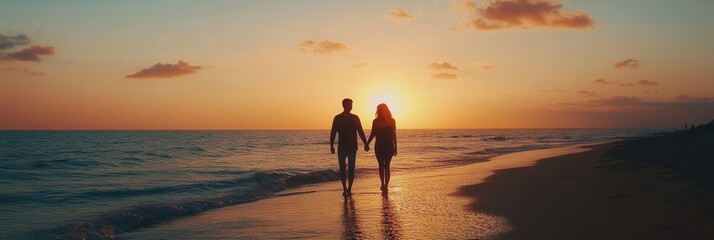 Aufkleber - Couple enjoys a romantic walk hand in hand on the beach at sunset with vibrant colors in the sky