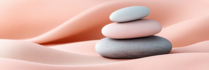 Poster - Creating harmony with smooth pebbles on a pastel fabric background enhanced by Zen-inspired minimalistic design