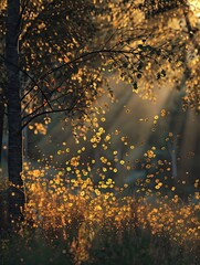 Wall Mural - golden meadow bathed in sunlight with ephemeral flower blossoms