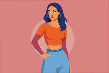 Poster - Stylish woman in casual outfit with hoop earrings and long hair stands confidently against a simple background