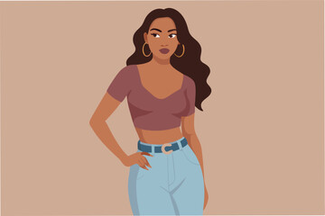 Poster - Stylish woman in casual outfit with hoop earrings and long hair stands confidently against a simple background