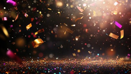 Wall Mural - colorful confetti falling on a black background, 3d rendering.