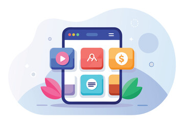 Aufkleber - Colorful vector illustration of a smartphone displaying an app interface with decorative plants and gift boxes around