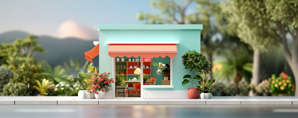 Poster - charming boutique storefront with minimal 3D render design features flat facade, vibrant colors, and lush greenery, creating welcoming atmosphere