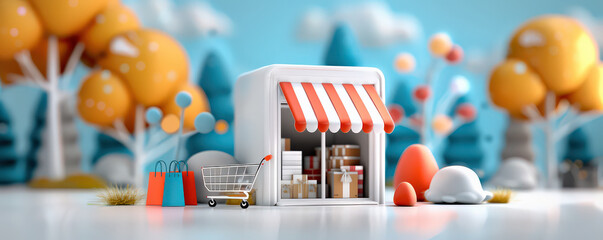 Poster - whimsical 3D render of small shop with striped awning, surrounded by colorful trees and shopping bags, evokes playful and vibrant atmosphere